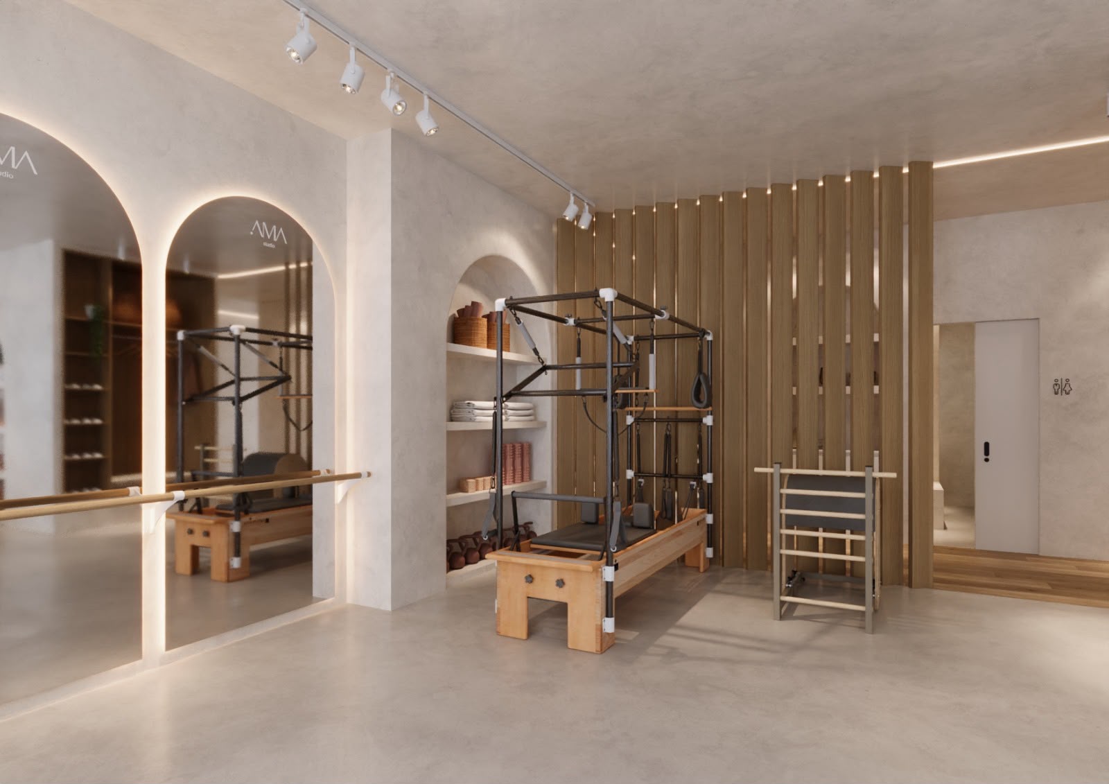 Equipamento Cadillac de Pilates e Barra de Barre com Espelho em Arco